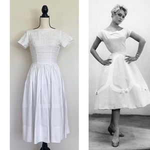 Vintage 50s White Cotton Fit and Flare Dress